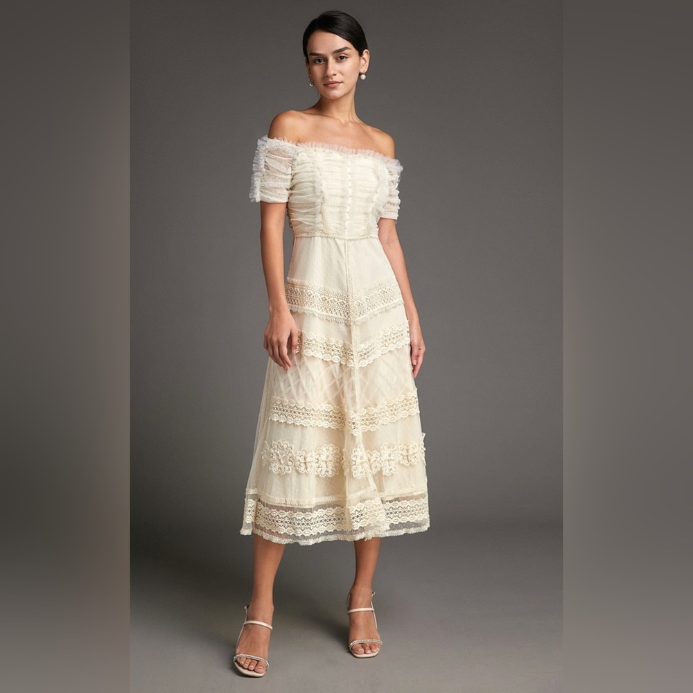 J.ING White Off-the-Shoulder Lace Panel Ruffled Dress